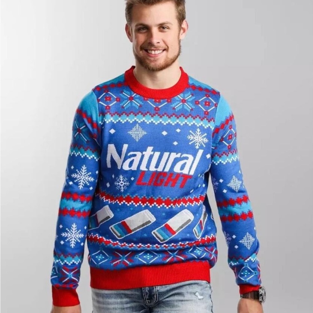 Tipsy Elves Blue and Red Crewneck Sweater Natural Light Design